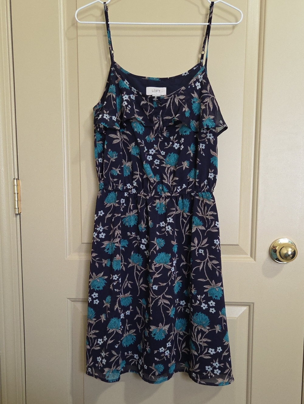 LOFT Women Navy Floral Sundress with Teal Accents